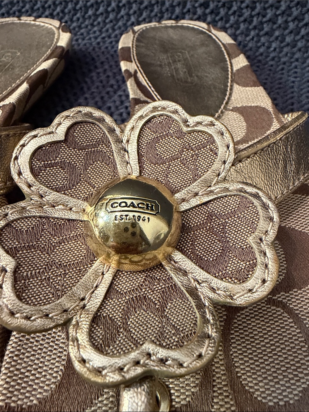 Coach Brown Signature Monogram Floral Thong Sandals with Gold Accents - Picture 2 of 6